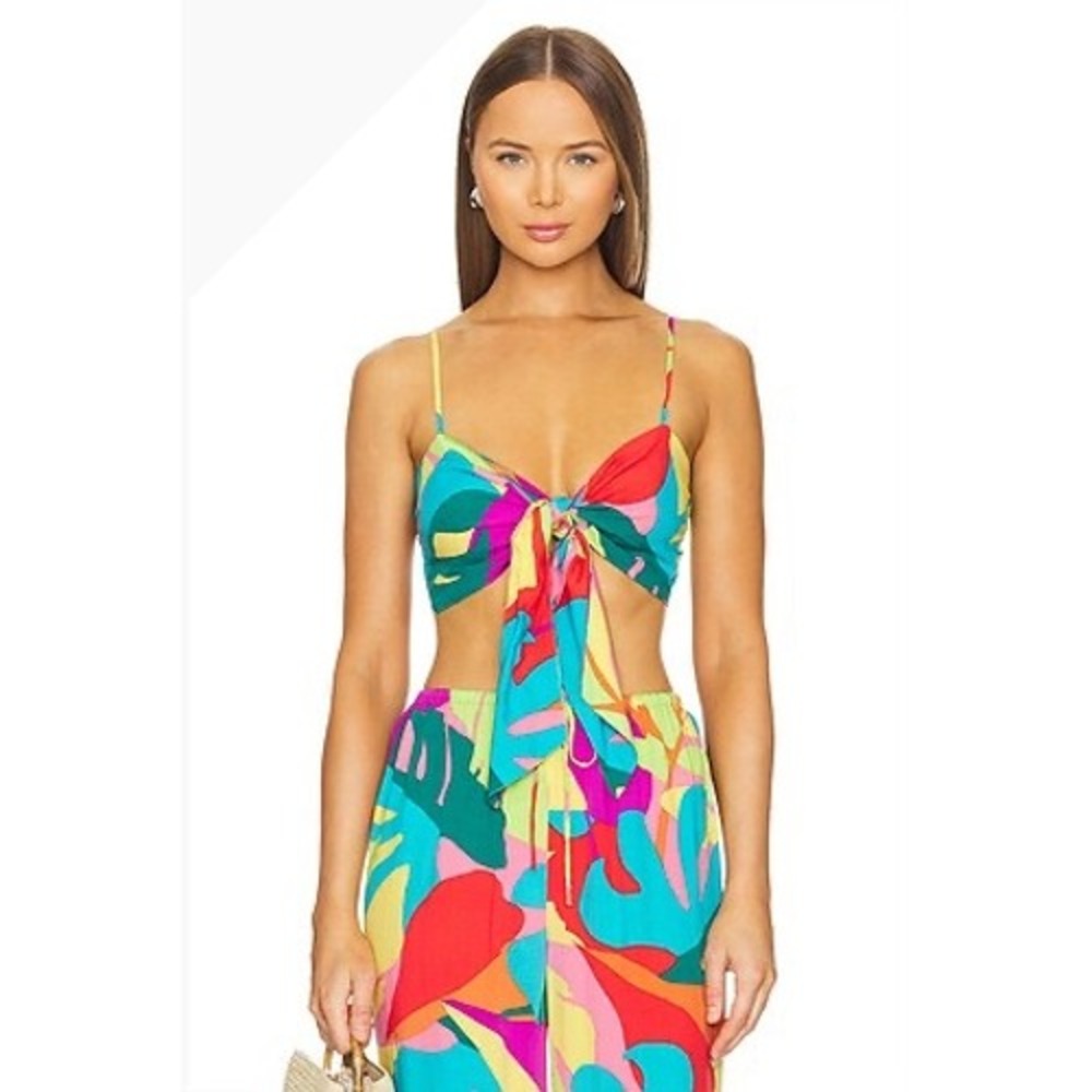 L*Space Tanya Top XS Multi Color Abstract Print Front Tie Smocked Crop Cami NEW